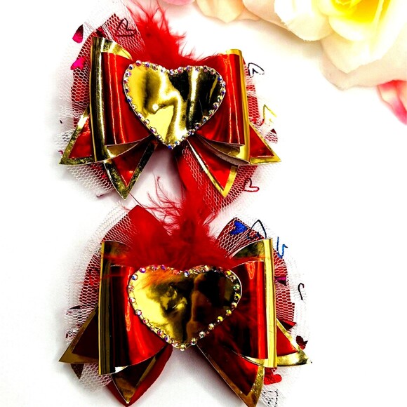 Heart Pigtail Hair Bow Clips Set for Girl Handmade - Picture 5 of 7